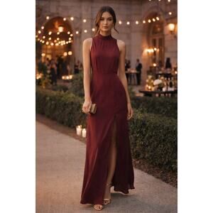 New with Tags Lulus Burgundy Sleeveless Maxi Dress High Neck Slit Size XS